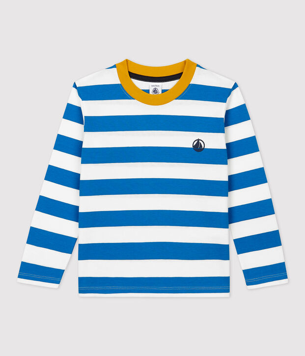 T-shirt bambino a maniche lunghe in cotone blu/bianco